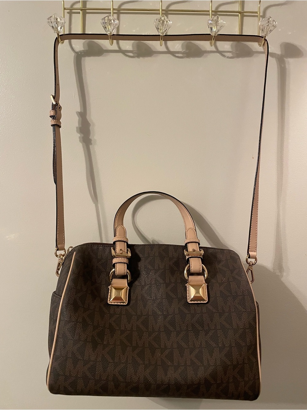 Michael Kors Brown Logo Satchel with Pale Pink Trim and Gold Hardware